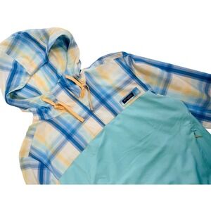 Columbia PFG Women's Anorak Windbreaker Jacket Blue Teal Plaid Hooded Pullover